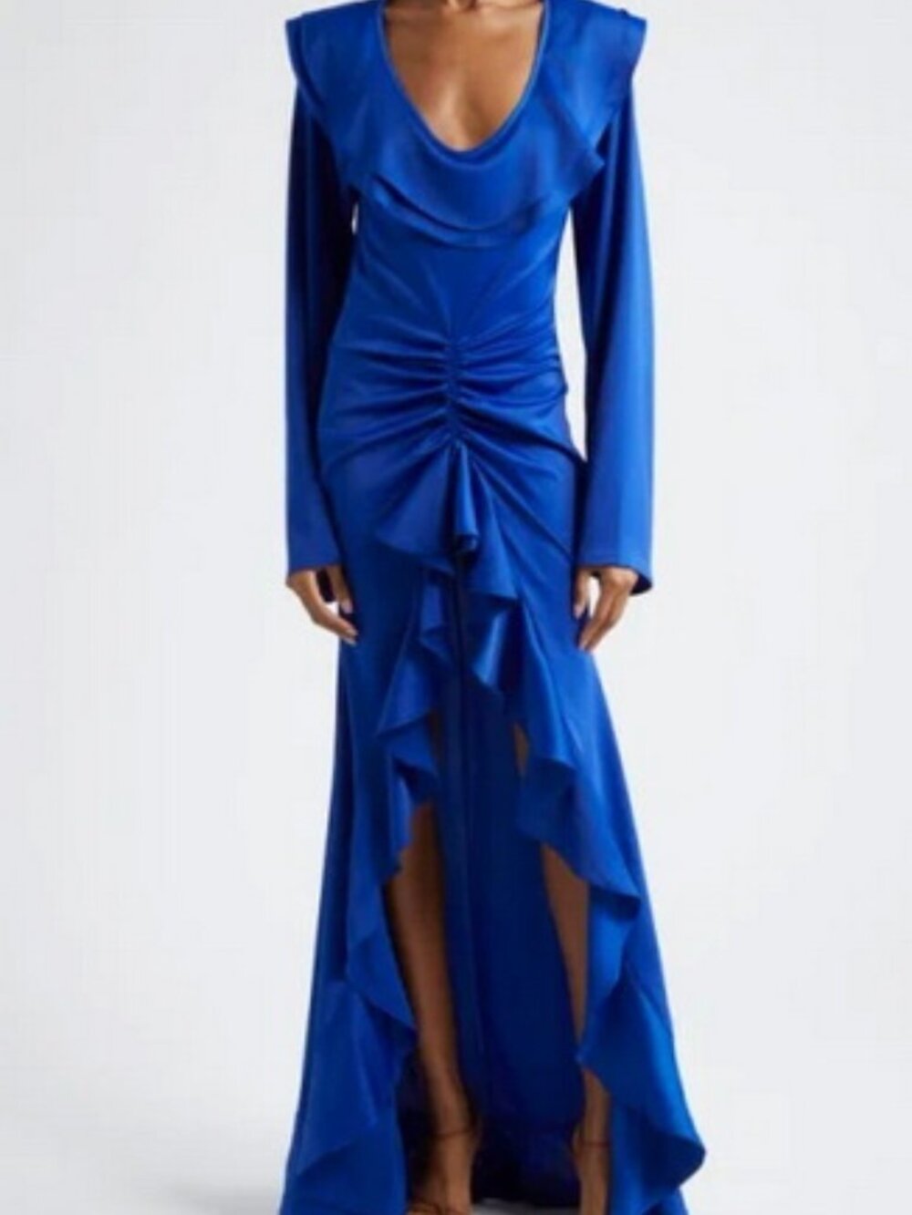 Orire Blue Maya Ruffle Ruched Long Sleeve High-Low Dress